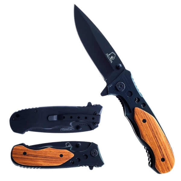 A folding pocket knife shown open and closed on a plain white background. The knife has a matte black blade and frame with a warm brown wood-grain handle inlay.