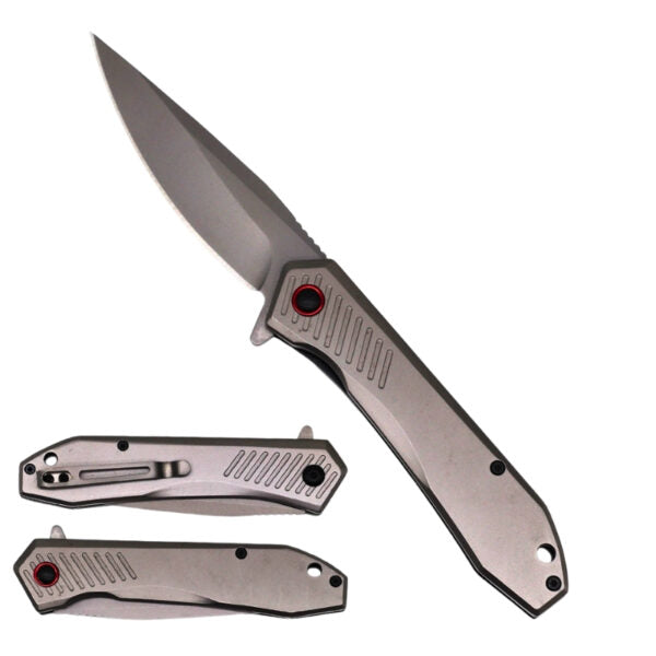 A folding pocket knife shown open and closed on a plain white background. The knife has a satin silver metal blade and handle with a small red accent ring near the pivot.