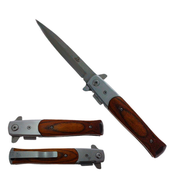A folding pocket knife shown open and closed on a plain white background. The knife has a silver metal blade and bolster with a dark brown wood-grain handle.