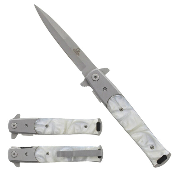 A folding pocket knife shown open and closed on a plain white background. The knife has a silver metal blade and frame with a white mother-of-pearl style handle scale featuring subtle gray veining.
