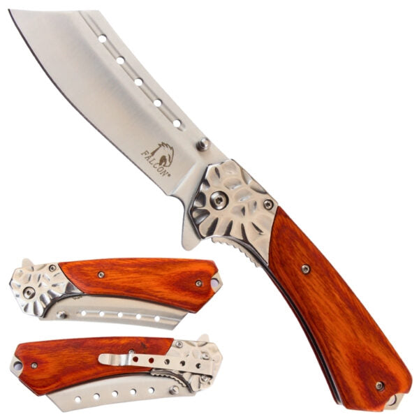 A folding pocket knife shown open and closed on a plain white background. The knife has a silver metal blade and hardware with reddish-brown wooden handle scales.
