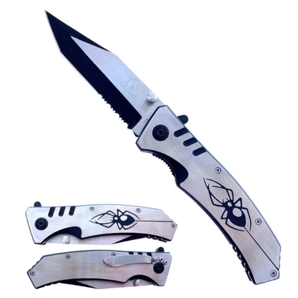 A folding pocket knife shown open and closed on a plain white background. The knife has a silver metallic handle and blade with black accents, including a spider graphic on the handle.
