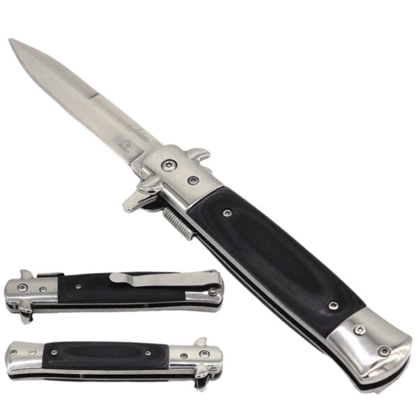 A folding pocket knife shown open and closed on a plain white background. The knife has a silver stainless steel blade and hardware with a black textured handle.