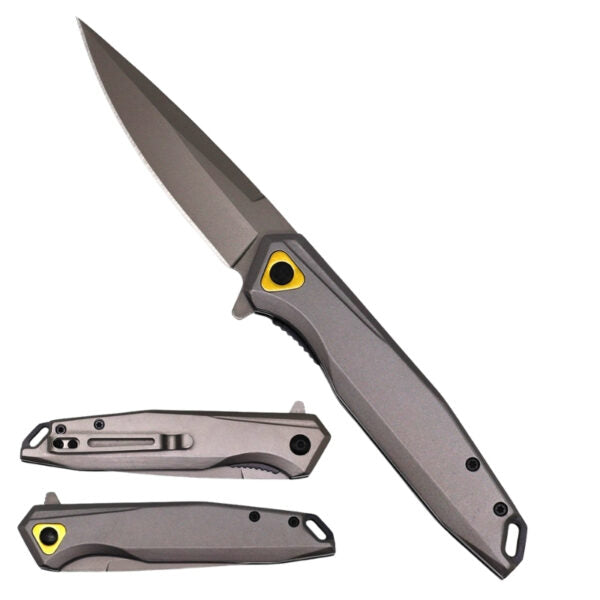 A folding pocket knife shown open and closed twice on a plain white background. The knife has a matte gray handle and blade with small bright yellow accents near the pivot and on the back of the handle.