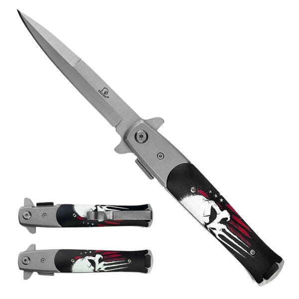 A folding pocket knife shown open with two smaller views of the closed knife below on a plain white background. The blade is silver, and the handle features a black and silver design with a white skull and red accents.