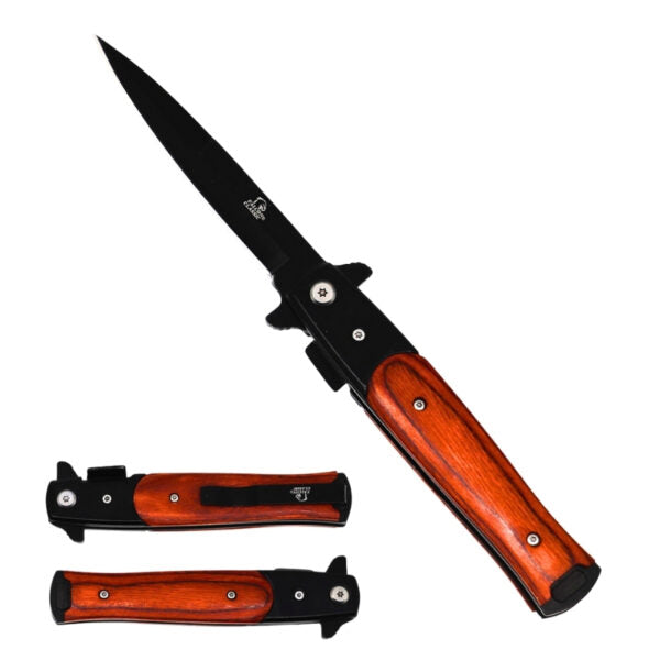A folding pocket knife with a black blade and a reddish-brown wood-grain handle, shown open with two additional views of the closed knife below on a plain white background.