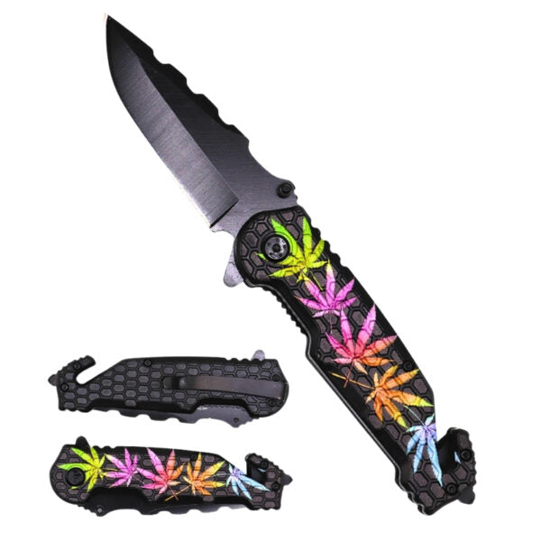 A folding pocket knife with a black blade and handle, decorated with colorful neon marijuana leaf designs in green, pink, orange, yellow, and blue. The image shows both the open knife and two smaller views of the closed knife against a plain white background.