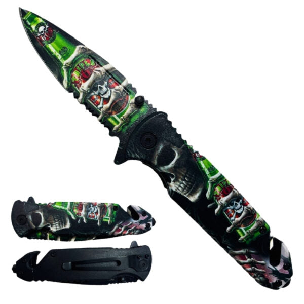 A folding pocket knife with a black handle and blade featuring a green, white, and red skull graphic pattern, shown open with its black sheath below on a white background.