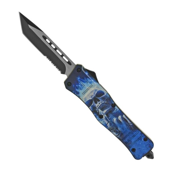 A folding pocket knife with a black tanto-style blade and a textured blue handle featuring a skull graphic, shown against a plain white background.