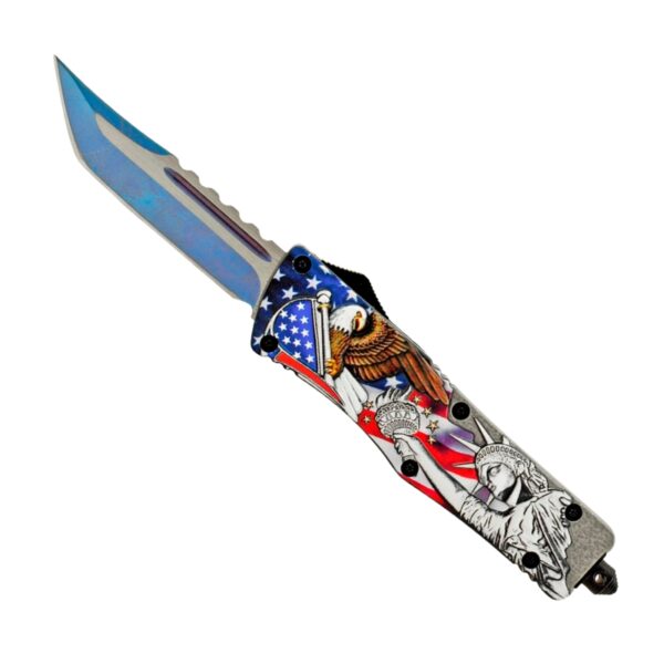 A folding pocket knife with a blue-tinted blade and a handle decorated with an American flag, bald eagle, and Statue of Liberty design, shown on a plain white background.
