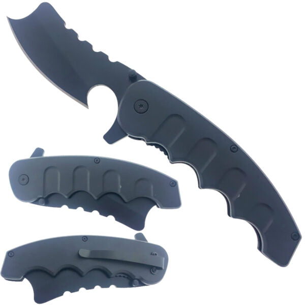 A folding pocket knife with a dark gray, matte-finished steel blade and handle, shown open with two additional views of the closed knife below it on a plain white background.