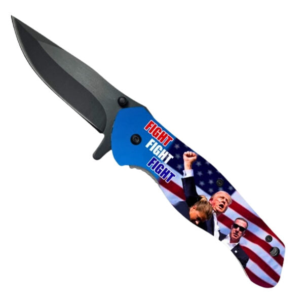 A folding pocket knife with a matte black blade and a handle featuring a patriotic American flag design with images of Donald Trump and the words 'FIGHT FIGHT FIGHT' in red, white, and blue.