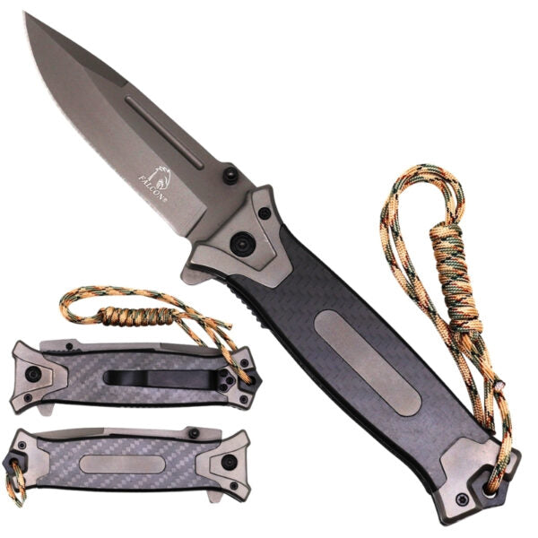 A folding pocket knife with a matte gray blade and textured black handle, shown open with two closed views below it, all on a plain white background. The knife has a woven tan-and-brown lanyard attached to the handle.