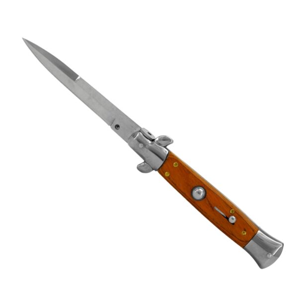 A folding pocket knife with a polished silver steel blade and bolster, and a warm brown wooden handle accented with small brass pins, shown against a plain white background.