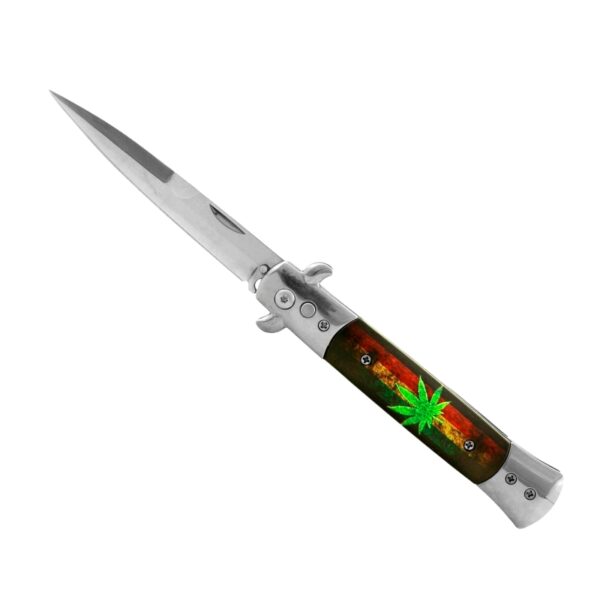 A folding pocket knife with a silver stainless steel blade and handle, featuring a green cannabis leaf design over a red, orange, and yellow flame pattern on the handle.