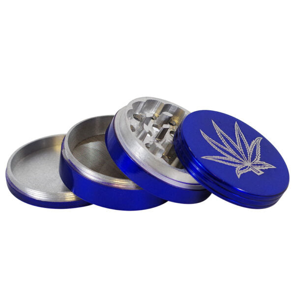 A four-piece herb grinder with a metallic blue exterior and silver interior, shown open to display its grinding mechanism. The top lid features a silver leaf design.