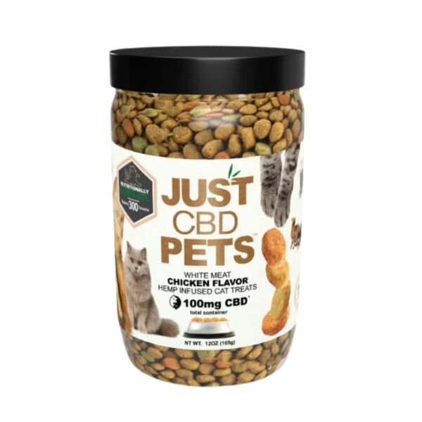 A jar of Just CBD Pets White Meat Chicken Flavor Hemp Infused Cat Treats, featuring a clear container showing the kibble inside, a black lid, and a white label with cat illustrations.