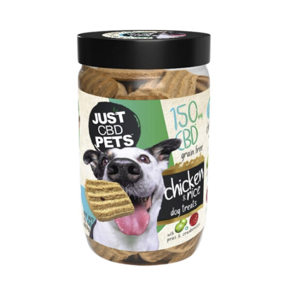 A jar of Just CBD Pets chicken and rice dog treats, featuring a clear plastic container with a black lid and a colorful label showing a dog holding a treat.