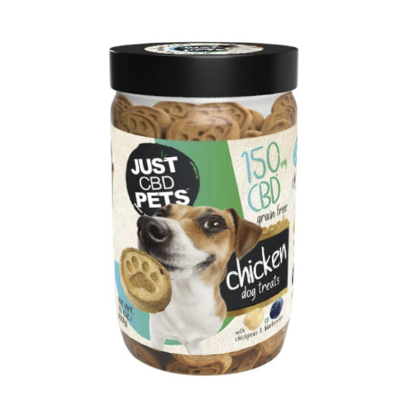 A jar of Just CBD Pets grain free chicken dog treats with a black lid and a label featuring a dog's face and a treat, on a white background.