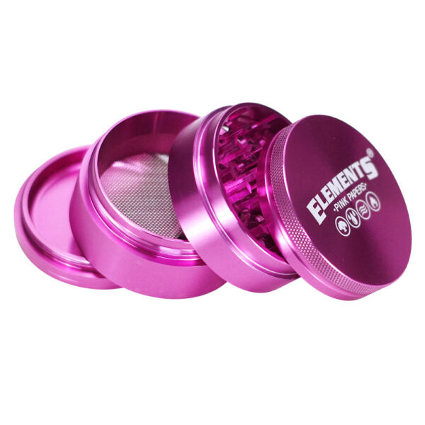 A metallic pink herb grinder with four rotating sections, shown open on a plain white background. The top lid features the white printed brand name 'ELEMENTS' and 'POWER PRESS'.
