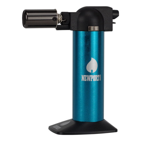 A metallic teal blue torch lighter with a black nozzle, base, and head, featuring the Newport brand logo printed on the side, set against a plain white background.