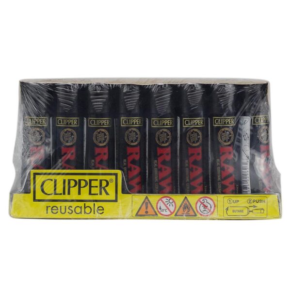 A pack of RAW Clipper reusable cigarette rolling papers in a clear plastic-wrapped box with a yellow front label. The black paper tubes are labeled with the RAW and Clipper brands.