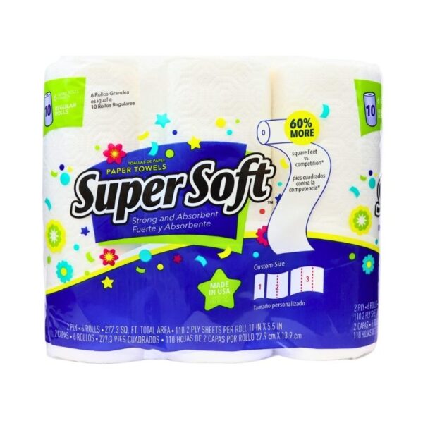 A pack of SuperSoft paper towels in a white and blue roll-up package with colorful floral graphics and Spanish text, photographed on a plain white background.