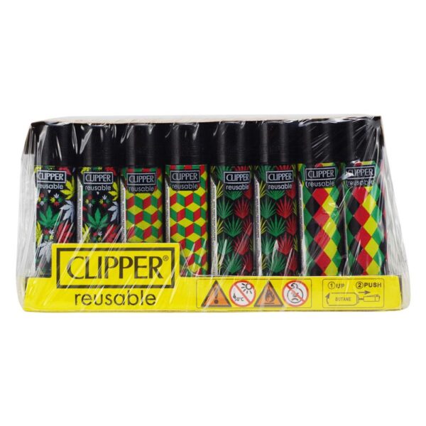 A pack of eight reusable Clipper fire starter clips in a clear plastic blister pack with a yellow base label. The clips feature black tips and colorful green, red, and yellow patterns.