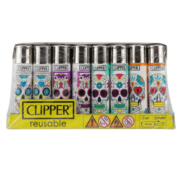 A pack of eight reusable Clipper lighters in a clear plastic blister pack with a yellow base. The lighters feature colorful sugar skull designs in various patterns and colors.