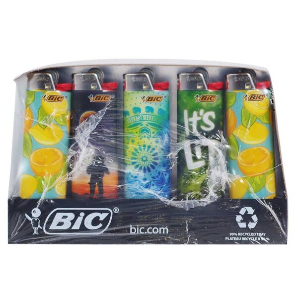 A pack of five BIC recycled plastic novelty lighters in a clear plastic blister pack. The lighters feature colorful designs including lemons, a sunset silhouette, a blue mandala, green leaves, and 'It's Li' text.