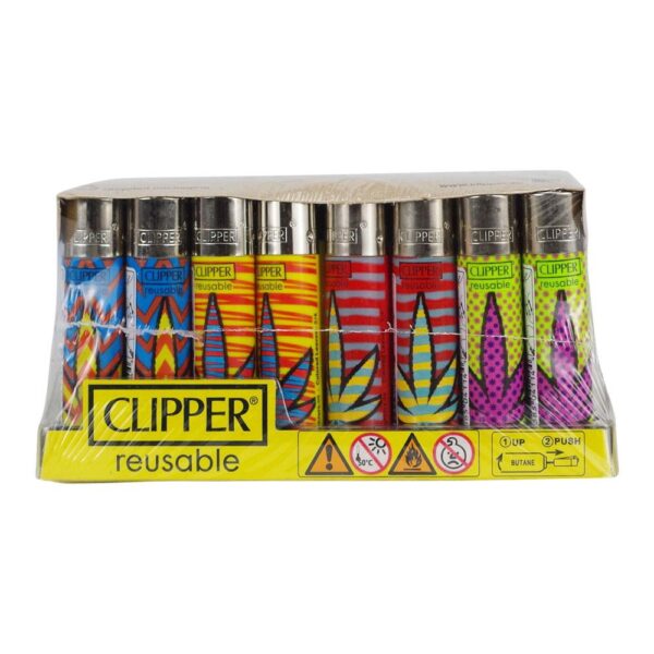 A pack of reusable Clipper disposable lighters in a clear plastic blister pack with a yellow base. The lighters feature colorful geometric and leaf-like patterns in blue, yellow, red, green, and purple.