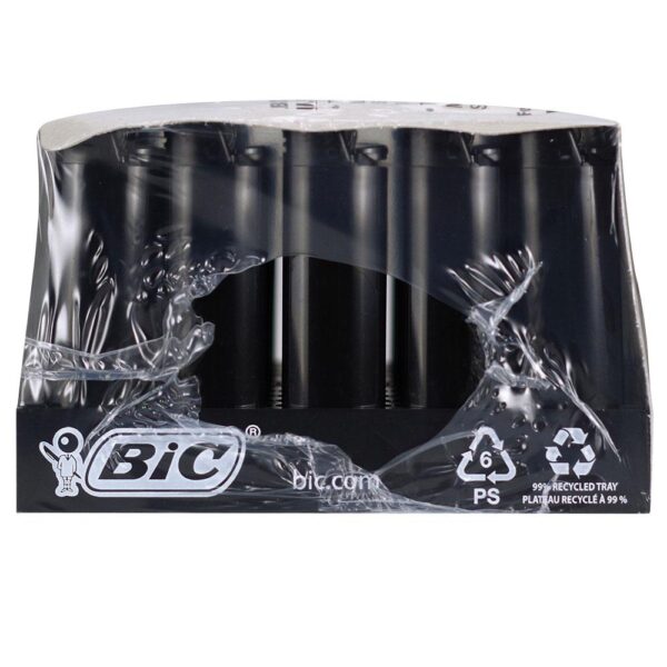 A pack of six BIC black plastic refill lighters in a clear plastic clamshell tray with a printed black cardboard insert. The packaging features the BIC logo and recycling information.