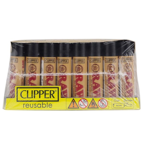 A pack of six reusable Clipper brand lip balm tubes wrapped in clear plastic, showing the beige balm tubes with red lettering and a yellow front label.