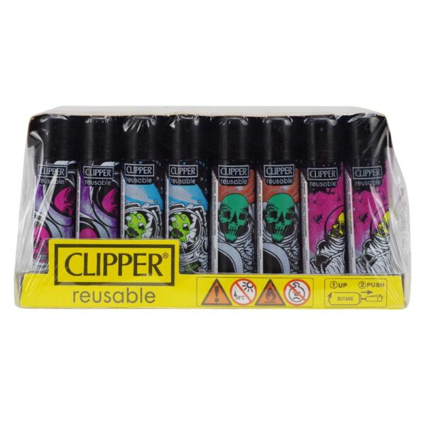 A pack of six reusable Clipper marker pens in a clear plastic clamshell package with a yellow front label. The pens have black barrels and colorful skull-themed graphics in pink, green, blue, orange, and purple.