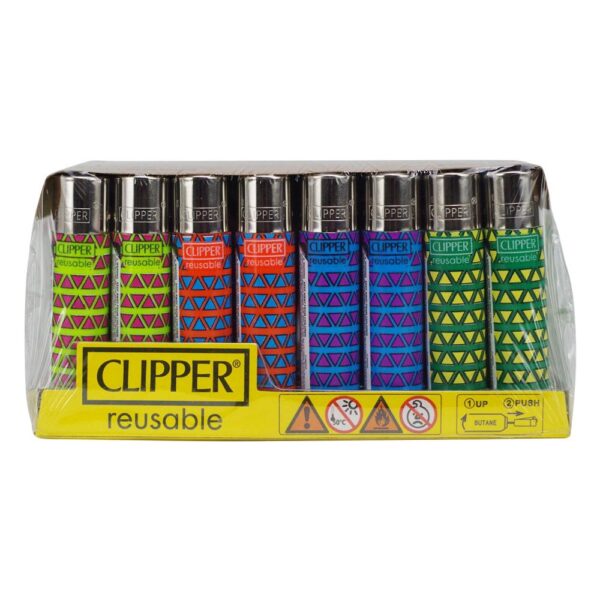 A pack of ten reusable Clipper disposable lighters in a clear plastic blister pack with a yellow base. The lighters feature various vibrant colors (green, red, orange, blue, purple) with a repeating geometric triangle pattern.
