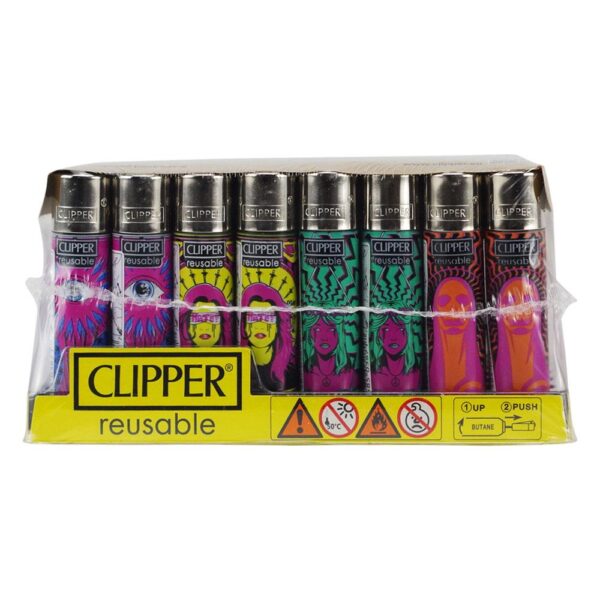 A pack of ten reusable Clipper lighters in a clear plastic blister pack with a yellow base. The lighters feature various colorful psychedelic and graphic designs, and the packaging prominently displays the Clipper brand name.