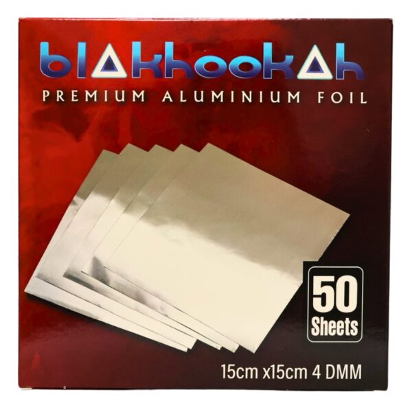 A package of 50 sheets of blahhookah premium aluminium foil, showing a stack of silver foil sheets on a red and black background with product details.