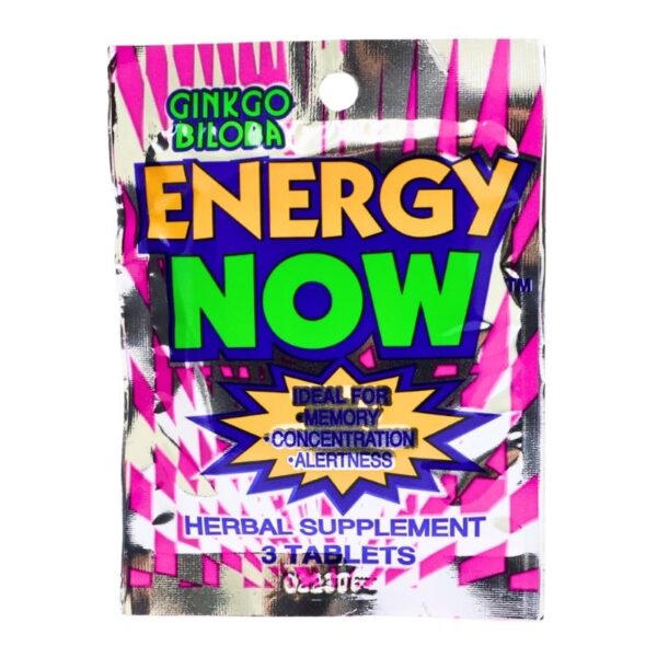 A package of Ginkgo Biloba Energy Now herbal supplement, featuring a metallic silver foil design with vibrant pink, green, yellow, and blue text and graphic elements.