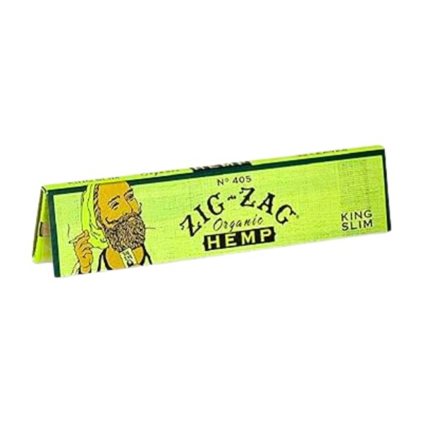 A package of Zig-Zag Organic Hemp rolling paper, King Slim size, featuring a bright lime green background with a vintage-style illustration of a bearded man and black text.