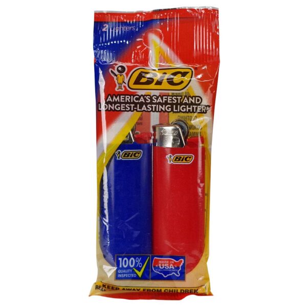 A package of two BIC lighters, one blue and one red, sealed in a clear plastic bag with a colorful red, blue, and yellow BIC brand label.