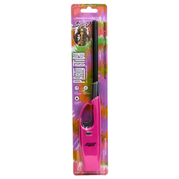 A pink and black portable lighter in its original retail blister packaging, featuring a colorful tie-dye style card backing with 'Smokey' branding.