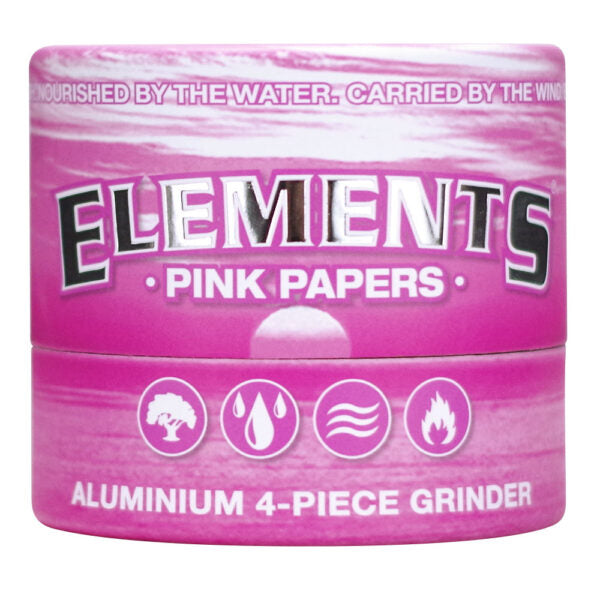 A pink cylindrical metal grinder canister for Elements Pink Papers, featuring the brand name 'ELEMENTS' in large black and white letters, with icons indicating suitability for tree, water, wind, and fire.