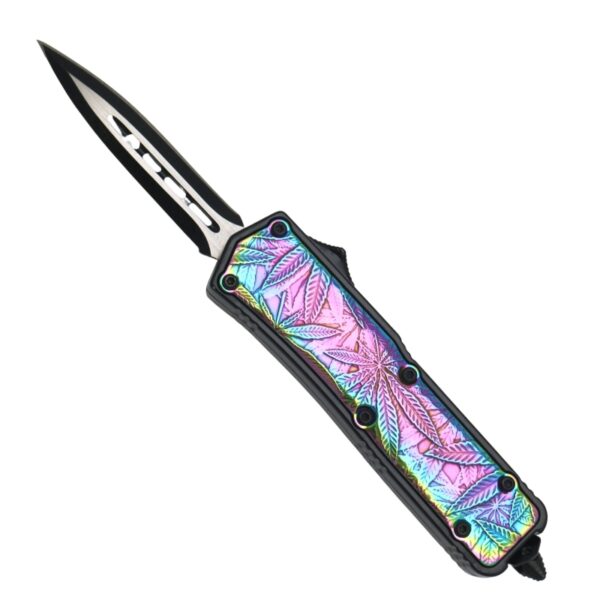 A pocket knife with a black-coated blade and a handle featuring an iridescent, rainbow-colored marijuana leaf pattern on a pink and purple background.