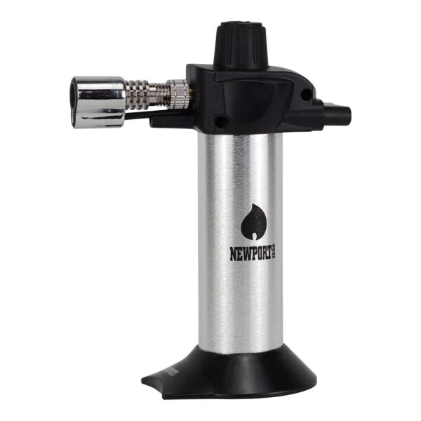 A portable torch light with a brushed silver metal body, black plastic top and base, and a chrome nozzle, featuring the Newport's logo on the front.