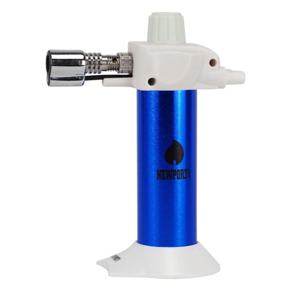 A portable torch light with a metallic blue body, white plastic top and base, and a chrome nozzle, featuring the Newportk logo on the front.