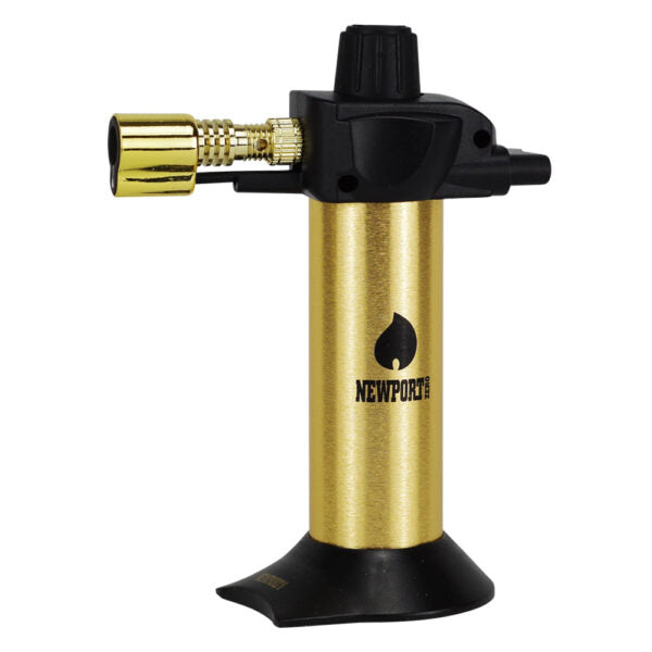 A portable torch lighter with a brushed gold body, black nozzle, and black base, featuring the Newport brand logo on the front.