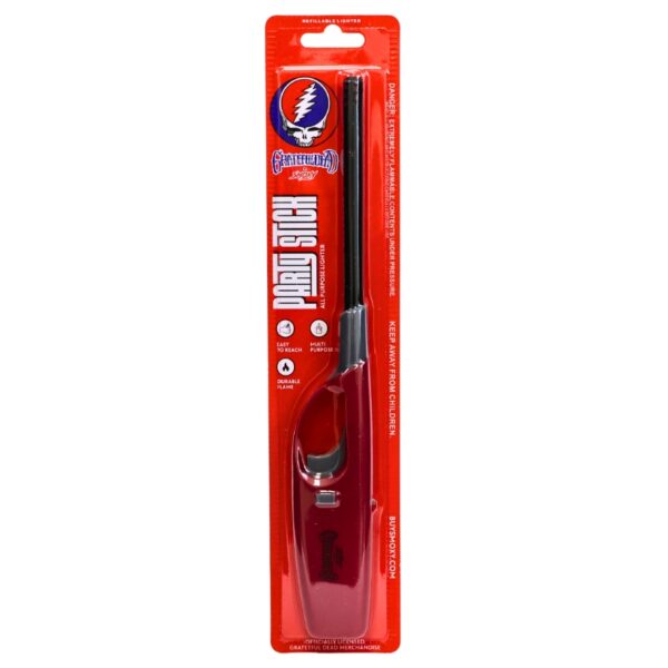 A red and black portable propane torch lighter in its original red blister packaging, featuring the Grateful Dead lightning bolt logo.
