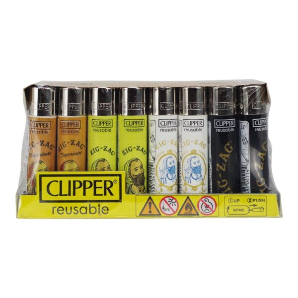 A retail display box containing multiple Clipper reusable lighter-style products in different colored sleeves, with a yellow front label reading 'CLIPPER reusable'.