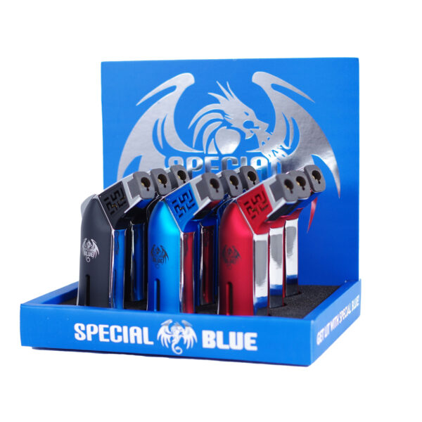 A retail display box containing multiple Special Blue flame lighter-style products in black, metallic blue, and metallic red, with a blue backing panel featuring a silver dragon graphic and the word 'SPECIAL'.