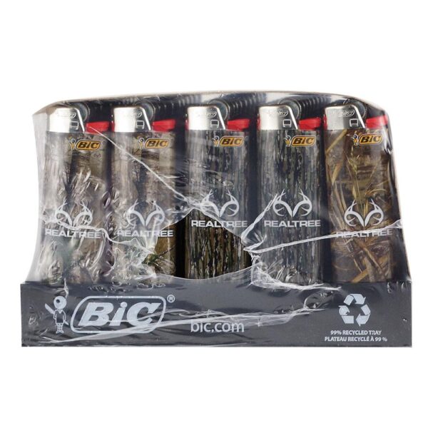 A retail display box containing six BIC Realtree lighter packs, wrapped in clear plastic. The lighter packs feature camouflage designs and the BIC and Realtree logos are clearly visible.